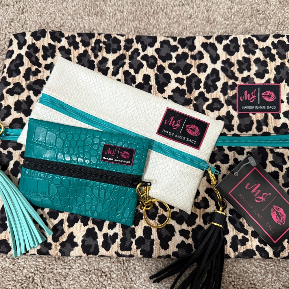 Makeup Junkie Bags Set - Leopard, White, and Teal